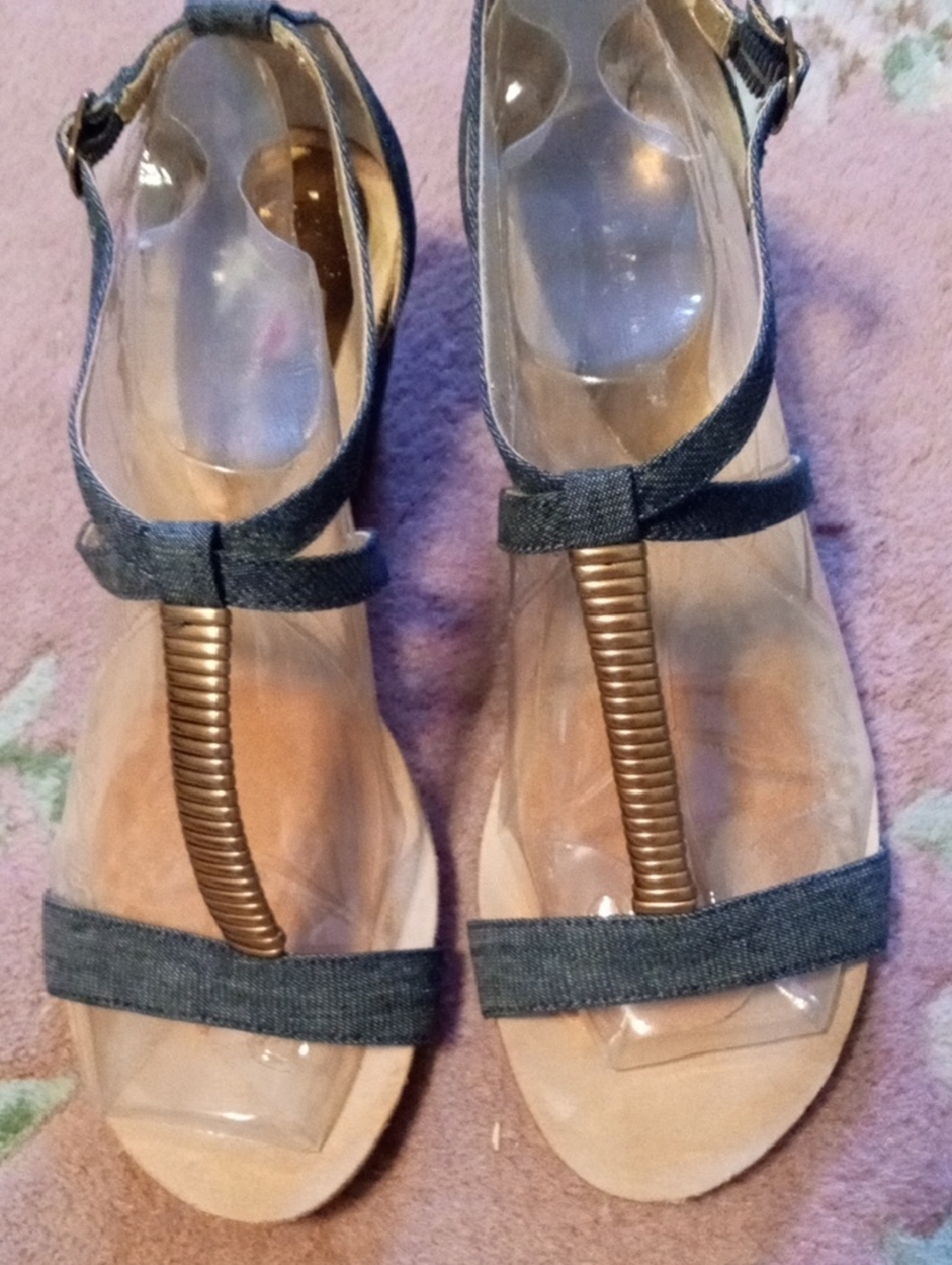 Anne Klein Denim-Strap Sandals with Gold Accent Size 9